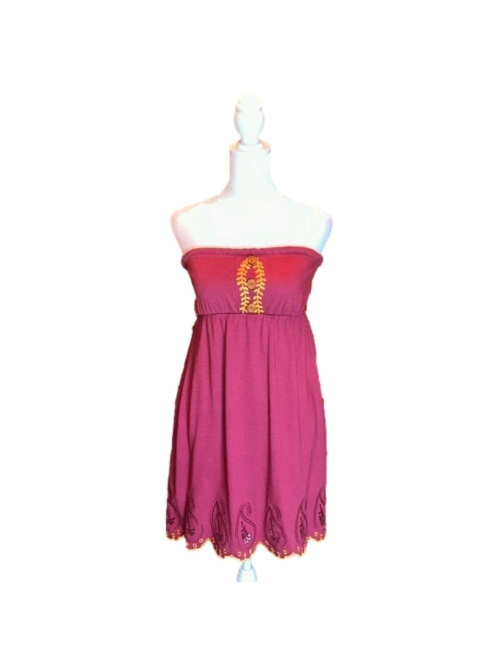REWIND Adorable Burgundy Strapless Dress w/ Gold Embroidered Trim Size S